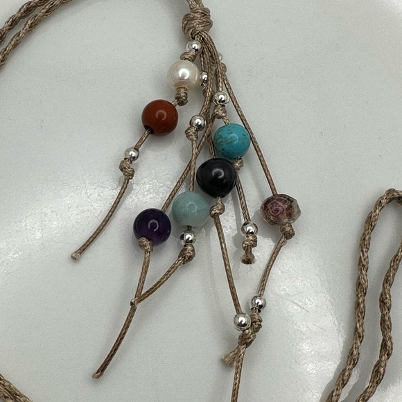 ARTISAN Gemstones and Pearls Braided Tan Cord Tassel Necklace 23 1/2” long - Picture 11 of 14